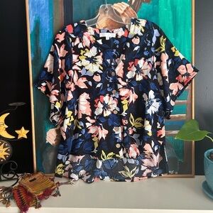 Adyson Parker Floral Blouse Women’s S Navy Button Front Short Sleeve Top